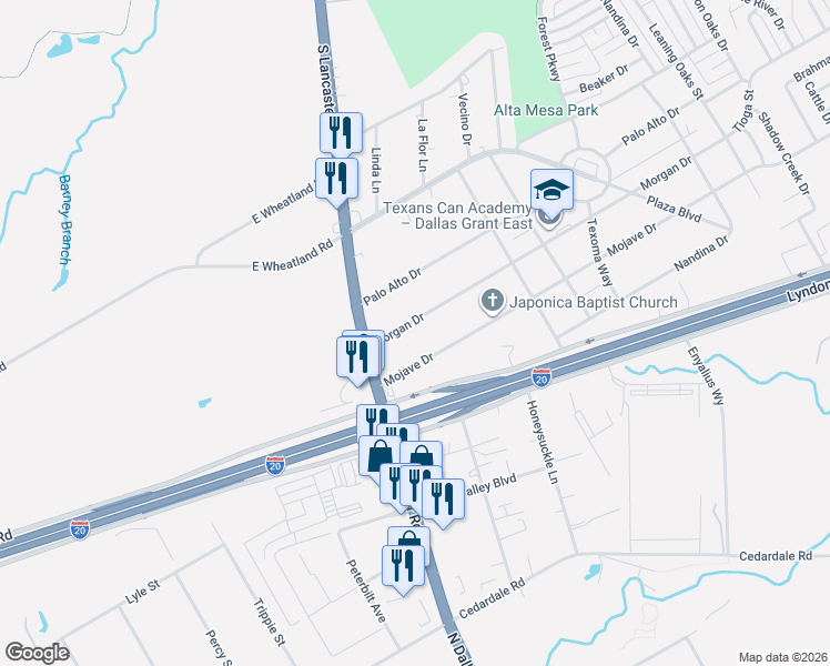 map of restaurants, bars, coffee shops, grocery stores, and more near 2554 Morgan Drive in Dallas