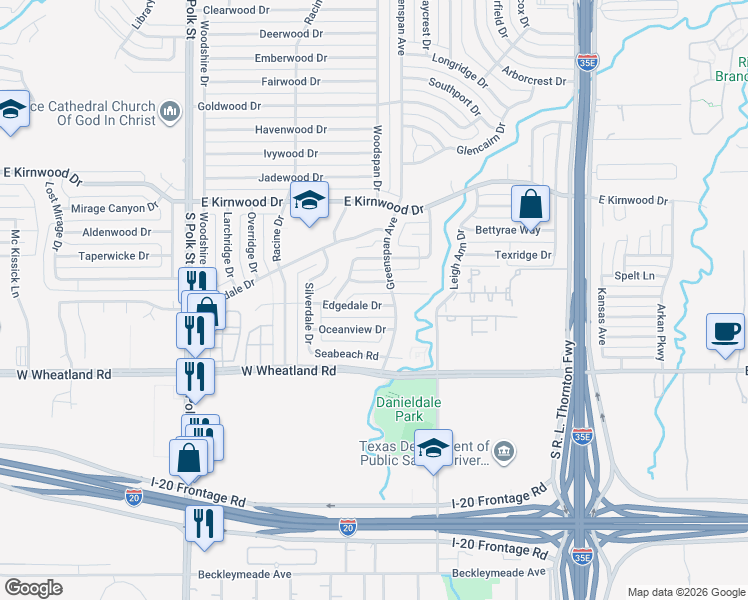 map of restaurants, bars, coffee shops, grocery stores, and more near 627 Edgedale Drive in Dallas