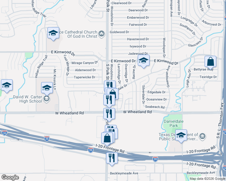 map of restaurants, bars, coffee shops, grocery stores, and more near 921 Cleardale Drive in Dallas