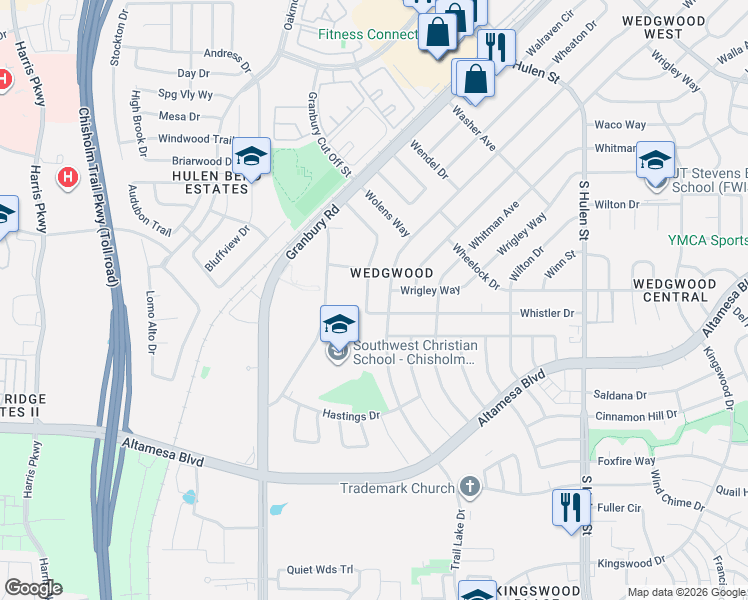 map of restaurants, bars, coffee shops, grocery stores, and more near 6612 Westrock Drive in Fort Worth