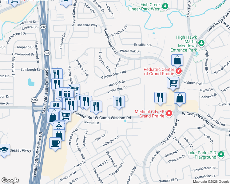 map of restaurants, bars, coffee shops, grocery stores, and more near 2813 White Oak Drive in Grand Prairie