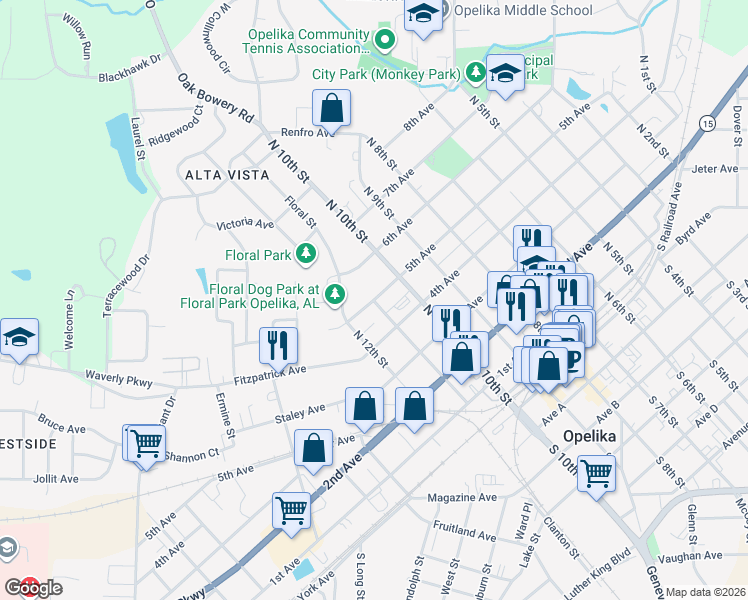 map of restaurants, bars, coffee shops, grocery stores, and more near 1098 5th Ave in Opelika