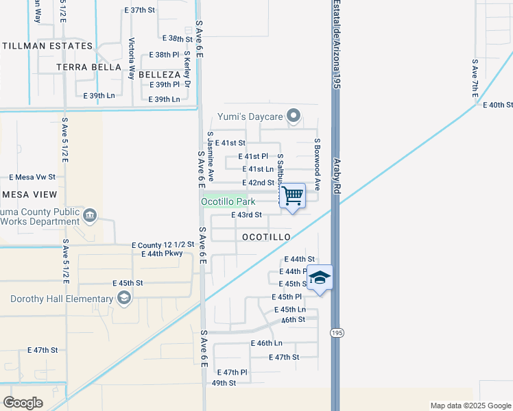 map of restaurants, bars, coffee shops, grocery stores, and more near 6223 East 42nd Lane in Yuma