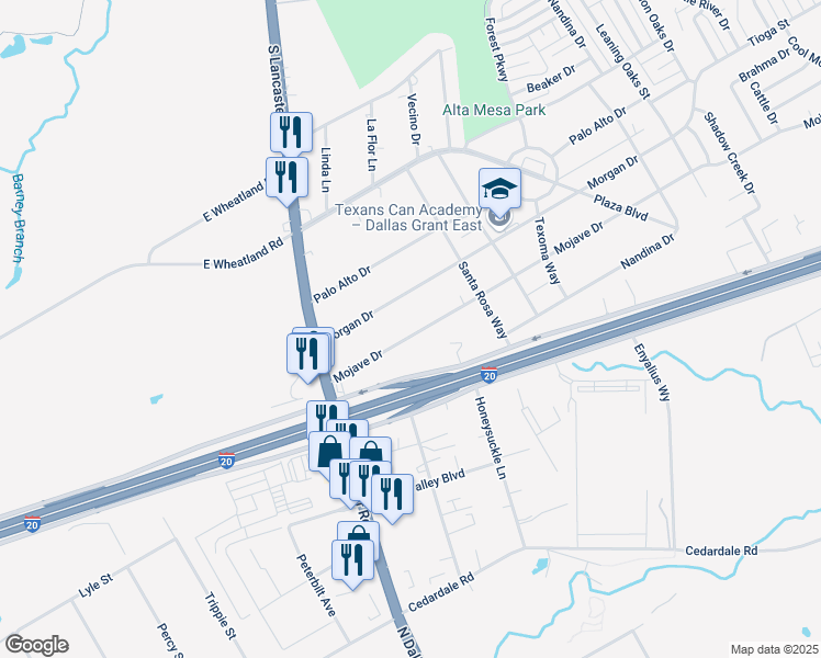 map of restaurants, bars, coffee shops, grocery stores, and more near 2647 Mojave Drive in Dallas