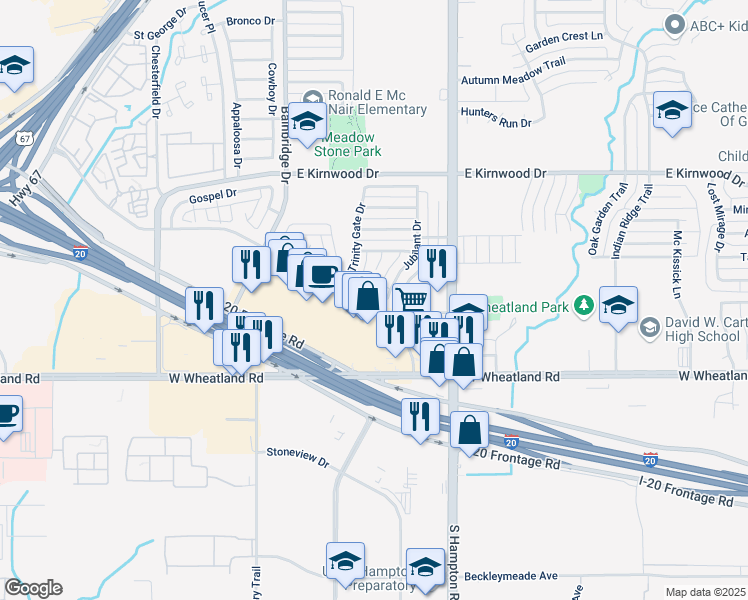 map of restaurants, bars, coffee shops, grocery stores, and more near 2530 Bishop Allen Lane in Dallas