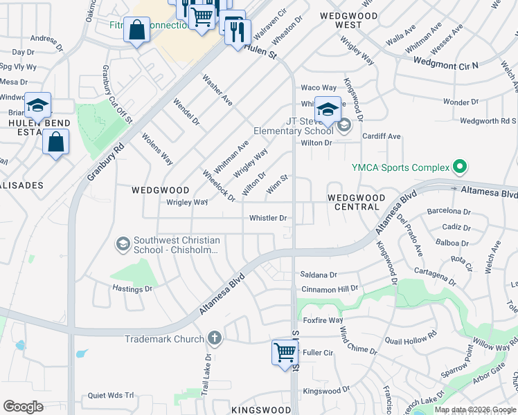 map of restaurants, bars, coffee shops, grocery stores, and more near 4805 Wheelock Drive in Fort Worth