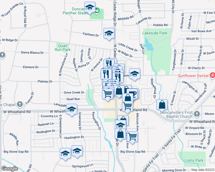 map of restaurants, bars, coffee shops, grocery stores, and more near 118 South Capri Drive in Duncanville