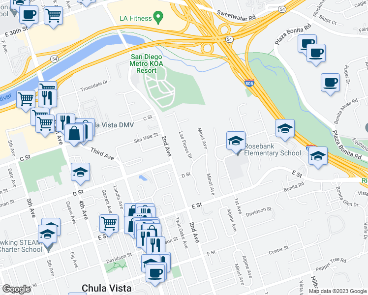map of restaurants, bars, coffee shops, grocery stores, and more near 66 Las Flores Drive in Chula Vista