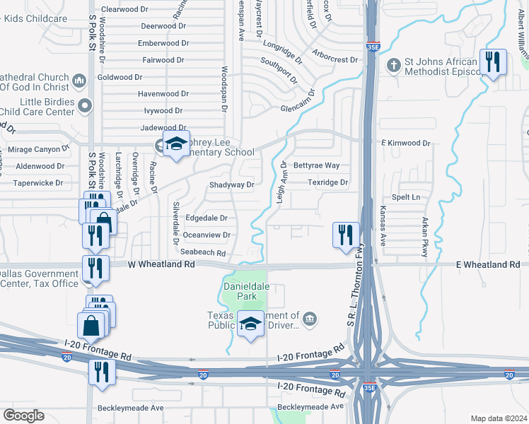 map of restaurants, bars, coffee shops, grocery stores, and more near 7900 Leigh Ann Drive in Dallas