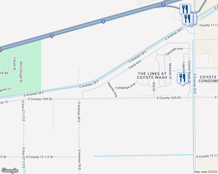 map of restaurants, bars, coffee shops, grocery stores, and more near 11801 Apache Avenue in Wellton