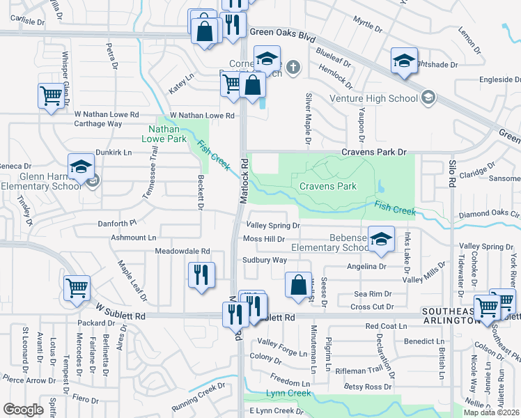 map of restaurants, bars, coffee shops, grocery stores, and more near 107 Caprock Drive in Arlington