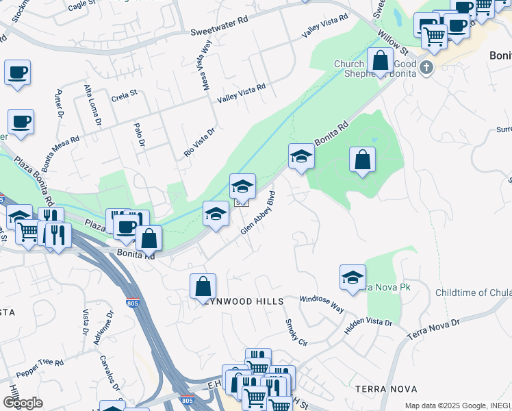 map of restaurants, bars, coffee shops, grocery stores, and more near 3434 Bonita Road in Chula Vista