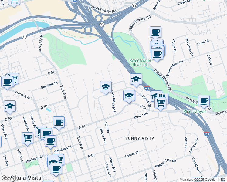 map of restaurants, bars, coffee shops, grocery stores, and more near 125 Corte Maria Avenue in Chula Vista