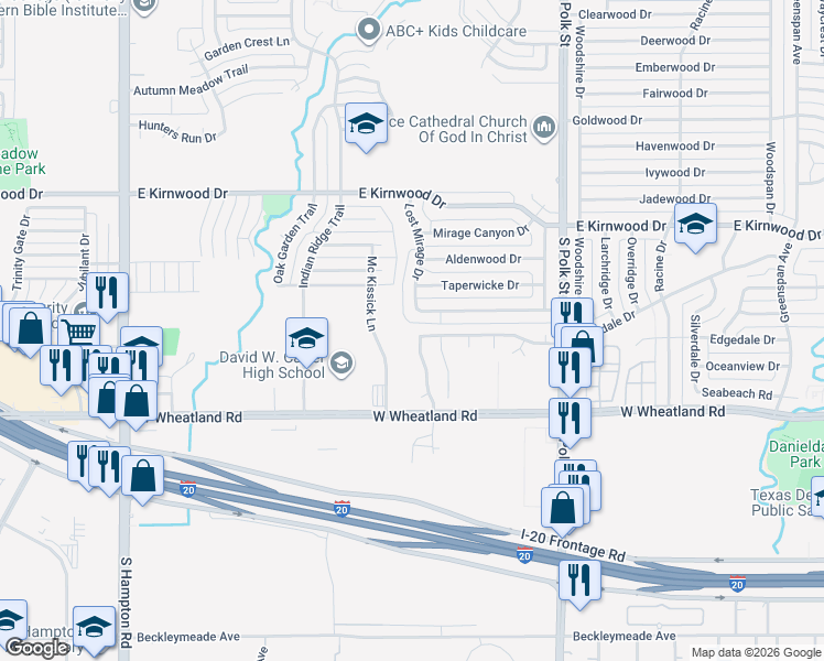 map of restaurants, bars, coffee shops, grocery stores, and more near 1351 Cleardale Drive in Dallas