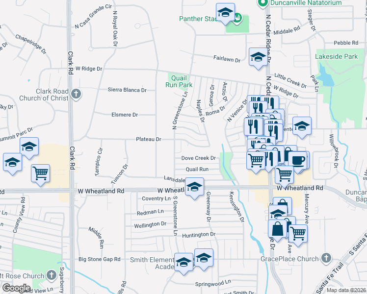 map of restaurants, bars, coffee shops, grocery stores, and more near 1042 Plateau Drive in Duncanville