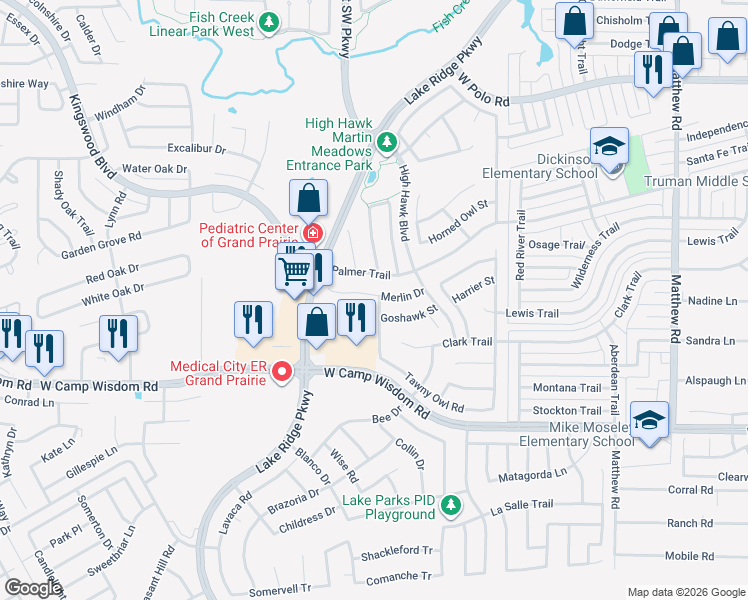 map of restaurants, bars, coffee shops, grocery stores, and more near 5003 Golden Eagle Drive in Grand Prairie