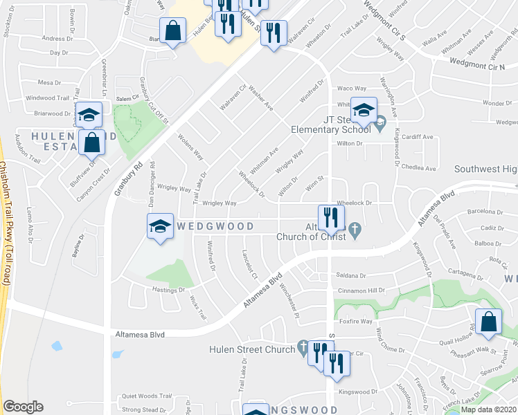 map of restaurants, bars, coffee shops, grocery stores, and more near 6600 Whistler Court in Fort Worth