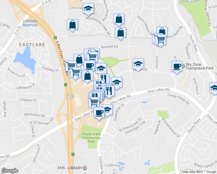 map of restaurants, bars, coffee shops, grocery stores, and more near 2325 Otay Lakes Road in Chula Vista