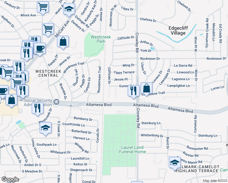 map of restaurants, bars, coffee shops, grocery stores, and more near 6605 Lucilla Court in Fort Worth