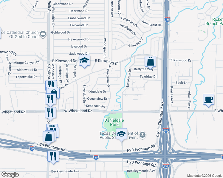 map of restaurants, bars, coffee shops, grocery stores, and more near 7930 Greenspan Avenue in Dallas