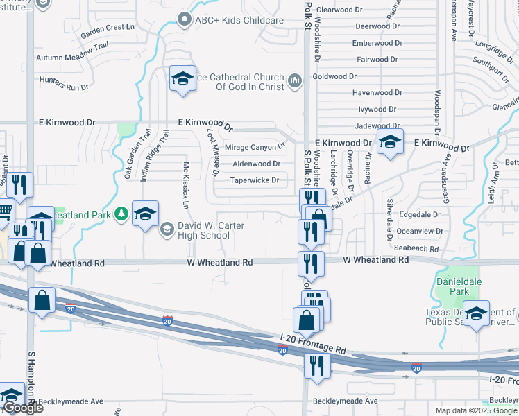 map of restaurants, bars, coffee shops, grocery stores, and more near 1255 Cleardale Drive in Dallas