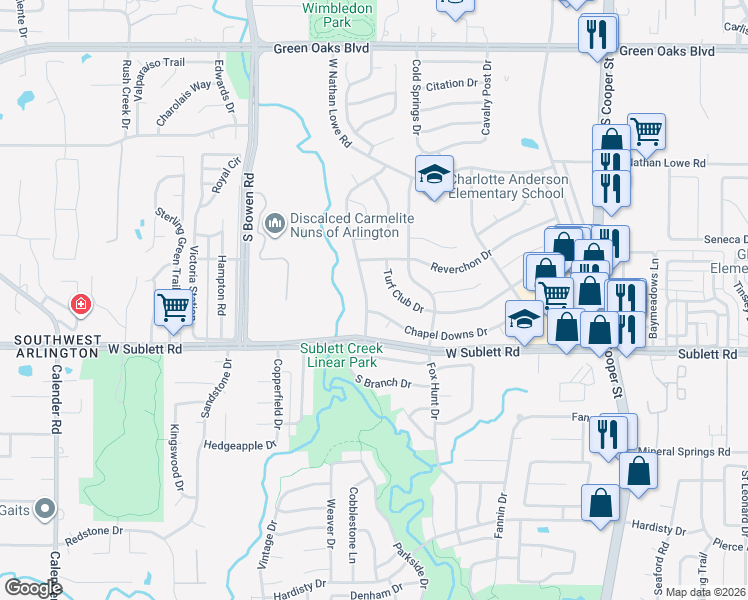 map of restaurants, bars, coffee shops, grocery stores, and more near 5823 Polo Club Drive in Arlington