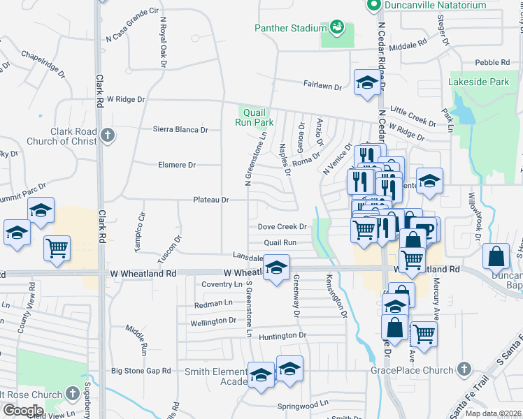 map of restaurants, bars, coffee shops, grocery stores, and more near 1042 Plateau Dr in Duncanville