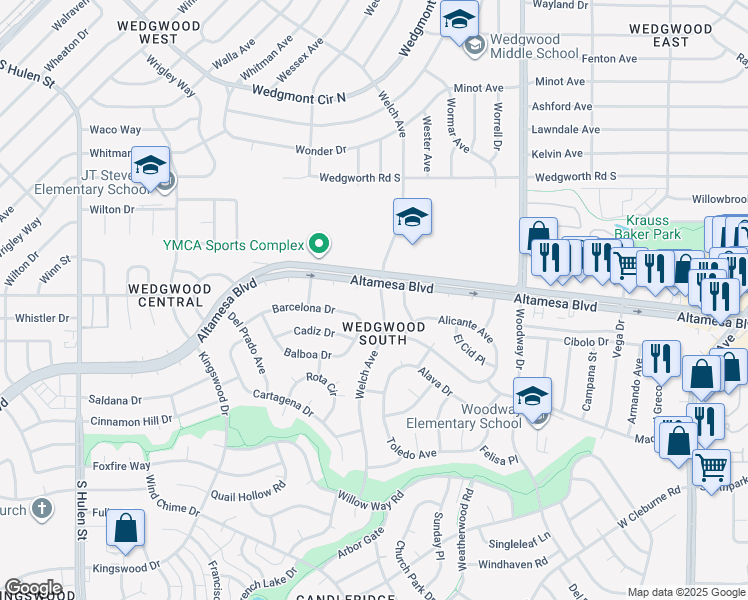 map of restaurants, bars, coffee shops, grocery stores, and more near 6408 Welch Avenue in Fort Worth