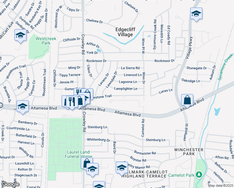map of restaurants, bars, coffee shops, grocery stores, and more near 1612 Limestone Trail in Fort Worth