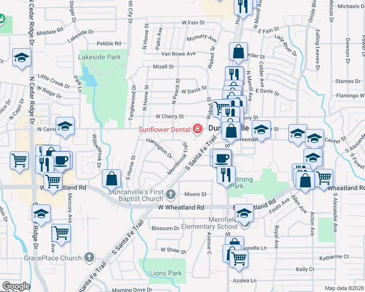 map of restaurants, bars, coffee shops, grocery stores, and more near 219 Merribrook Trail in Duncanville