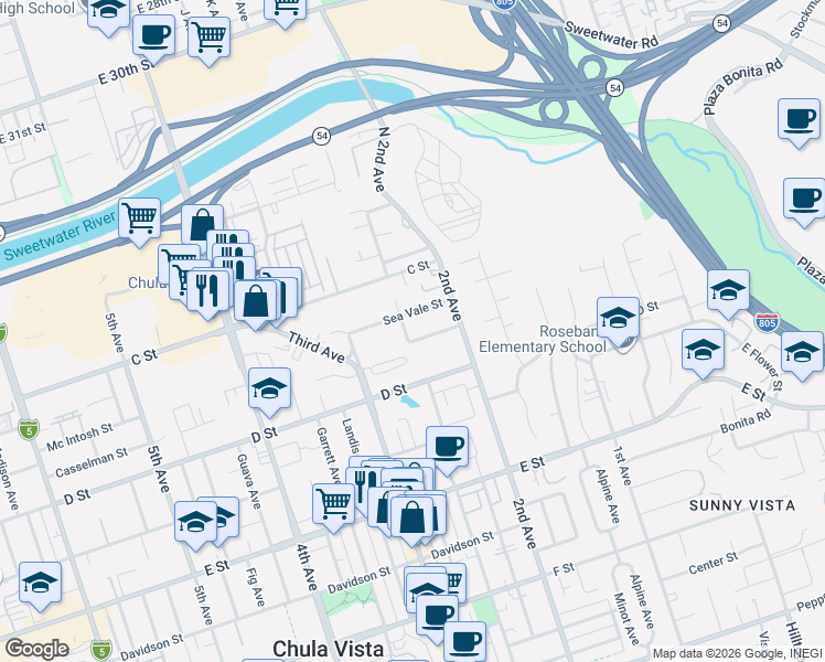 map of restaurants, bars, coffee shops, grocery stores, and more near 53 Del Mar Avenue in Chula Vista