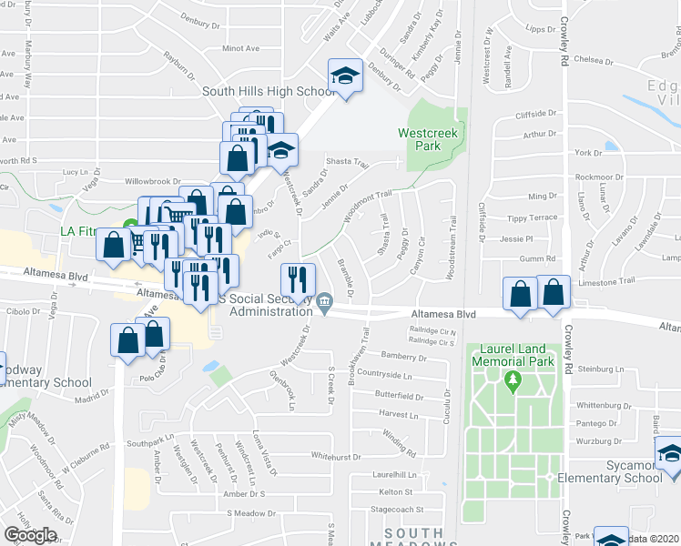 map of restaurants, bars, coffee shops, grocery stores, and more near 6400 Bramble Drive in Fort Worth