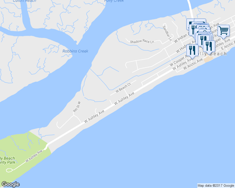 map of restaurants, bars, coffee shops, grocery stores, and more near 609 West Beach Court in Folly Beach