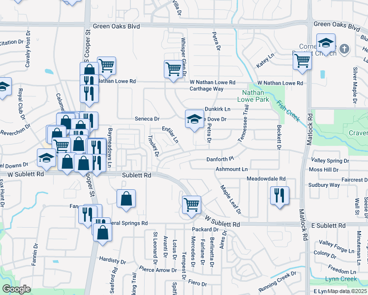 map of restaurants, bars, coffee shops, grocery stores, and more near 1005 Enfilar Lane in Arlington