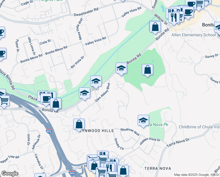 map of restaurants, bars, coffee shops, grocery stores, and more near 3464 Glen Abbey Boulevard in Chula Vista