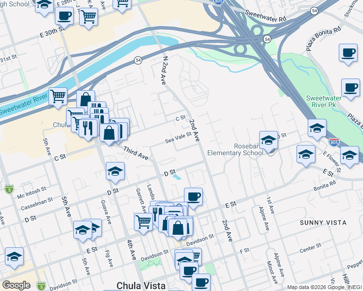map of restaurants, bars, coffee shops, grocery stores, and more near 53 Del Mar Avenue in Chula Vista