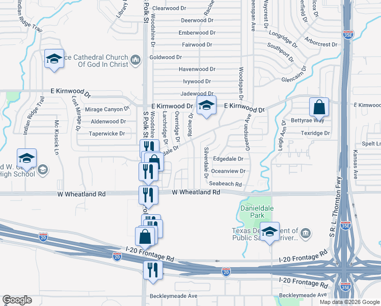 map of restaurants, bars, coffee shops, grocery stores, and more near 7926 Racine Drive in Dallas