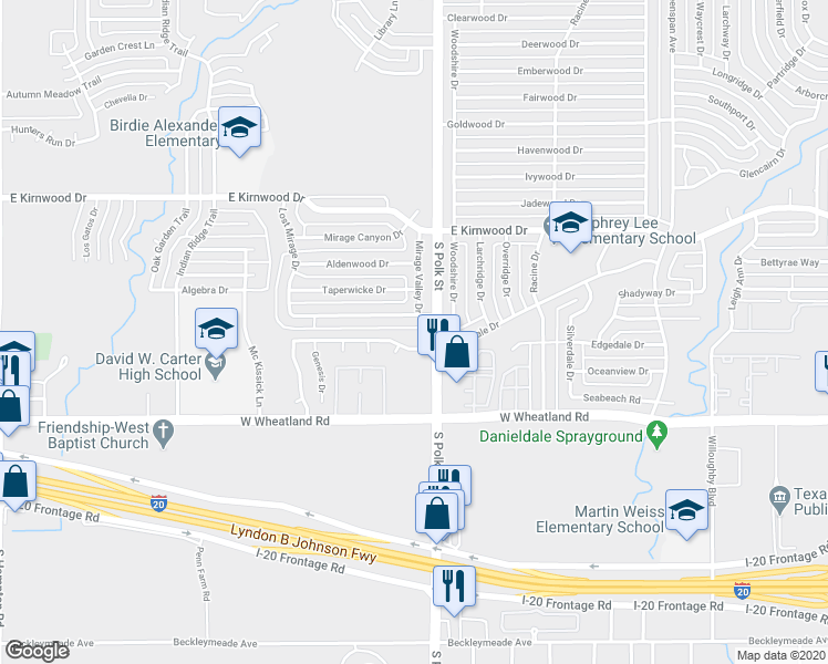 map of restaurants, bars, coffee shops, grocery stores, and more near 1223 Cleardale Drive in Dallas