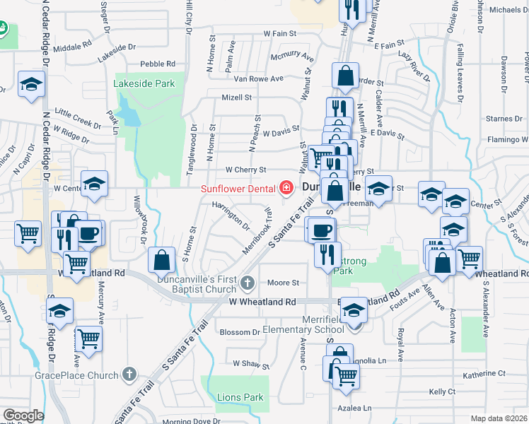 map of restaurants, bars, coffee shops, grocery stores, and more near 219 Merribrook Trail in Duncanville