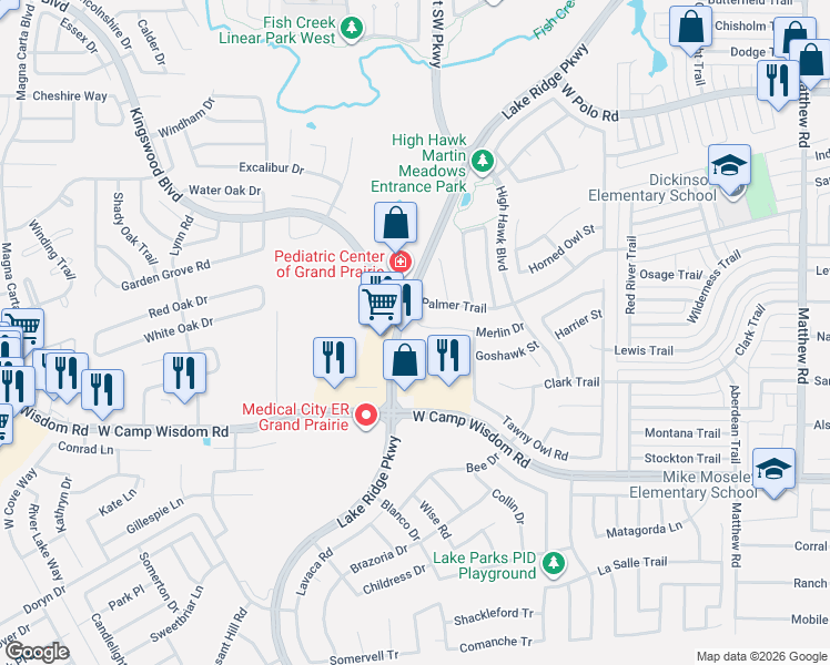 map of restaurants, bars, coffee shops, grocery stores, and more near 2367 Merlin Drive in Grand Prairie
