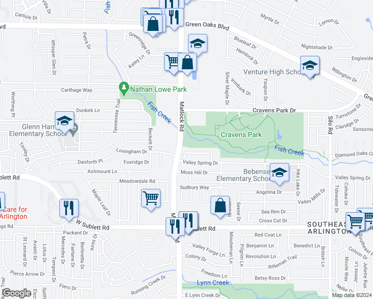 map of restaurants, bars, coffee shops, grocery stores, and more near 101 Caprock Drive in Arlington