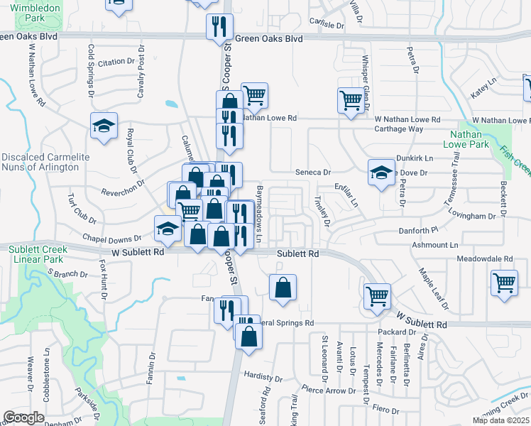 map of restaurants, bars, coffee shops, grocery stores, and more near 5824 Falconcrest Drive in Arlington