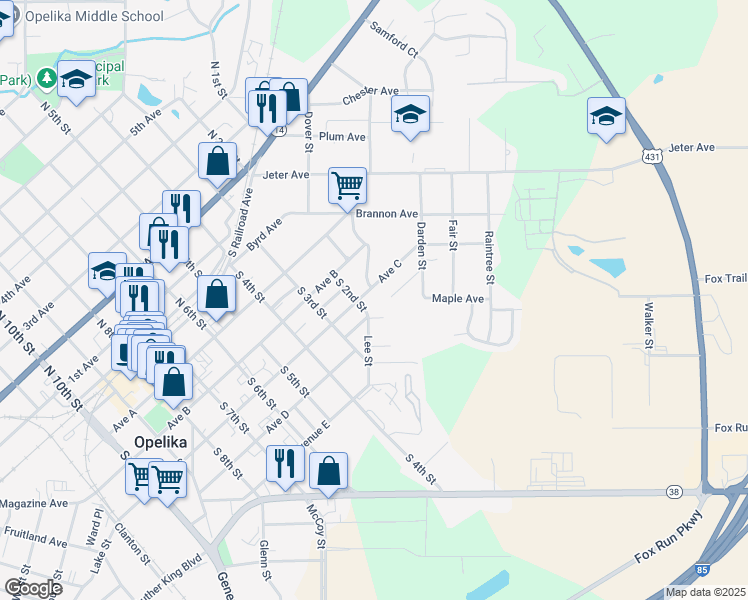 map of restaurants, bars, coffee shops, grocery stores, and more near 100 Avenue C in Opelika
