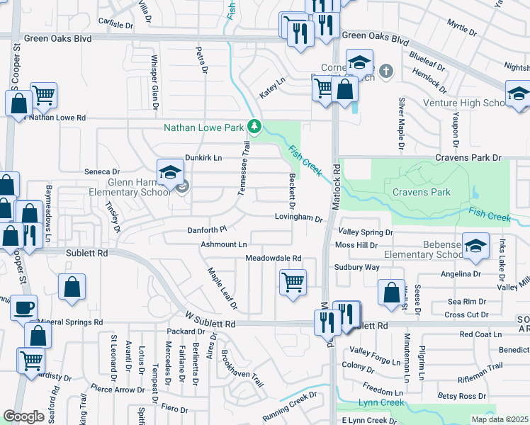 map of restaurants, bars, coffee shops, grocery stores, and more near 823 Lovingham Drive in Arlington