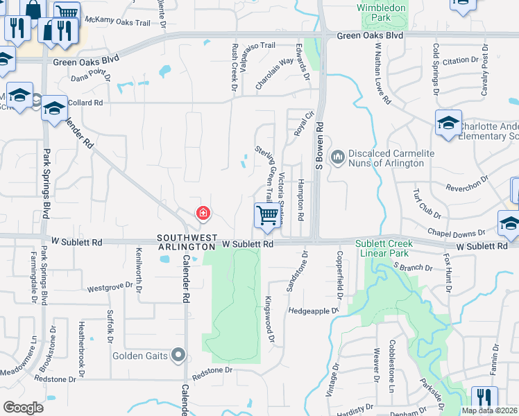 map of restaurants, bars, coffee shops, grocery stores, and more near 5911 Wind Drift Trail in Arlington