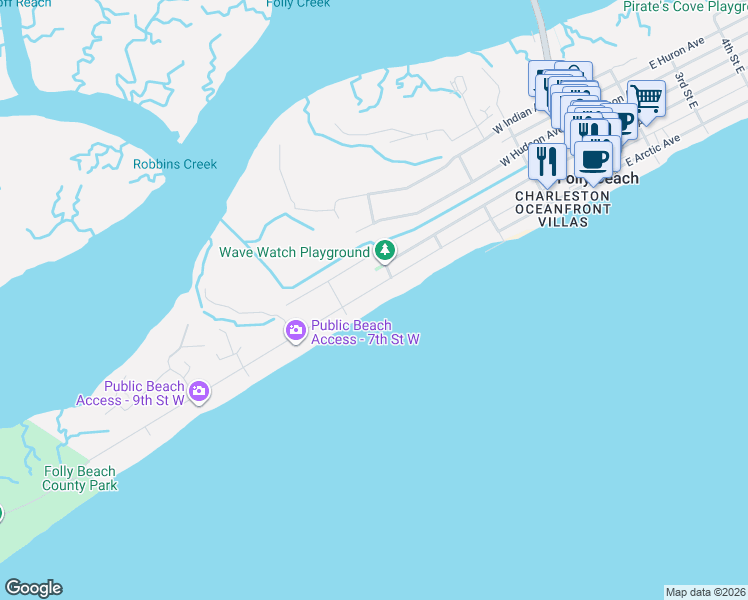 map of restaurants, bars, coffee shops, grocery stores, and more near 509 West Ashley Avenue in Folly Beach