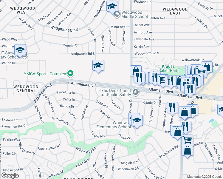 map of restaurants, bars, coffee shops, grocery stores, and more near 4101 Altamesa Boulevard in Fort Worth