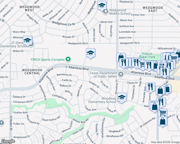 map of restaurants, bars, coffee shops, grocery stores, and more near 6405 San Juan Avenue in Fort Worth