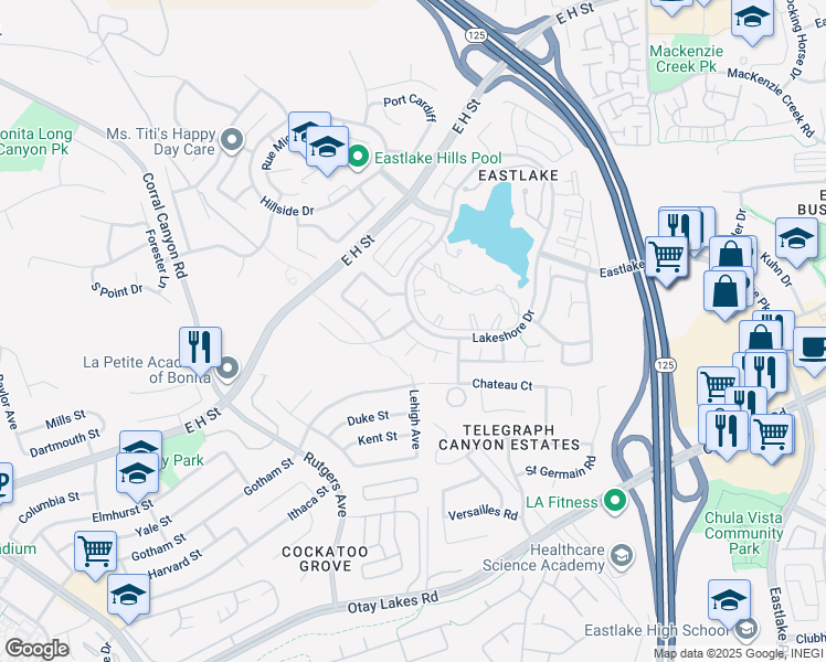 map of restaurants, bars, coffee shops, grocery stores, and more near 805 Woodspring Dr in Chula Vista