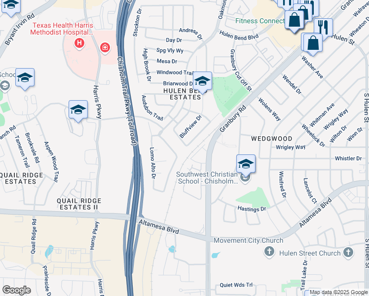 map of restaurants, bars, coffee shops, grocery stores, and more near 6855 High Country Drive in Fort Worth